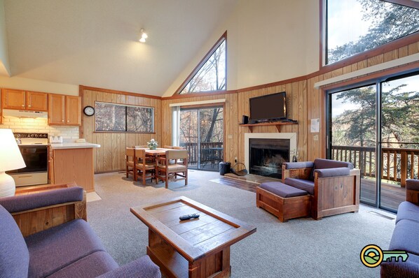 Televisión, chimenea, reproductor de DVD y videoteca