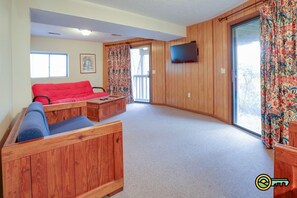 Télévision, cheminée, lecteur de DVD, vidéothèque