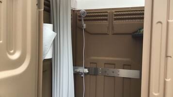 Shower, towels, soap, shampoo