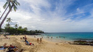 Une plage où l’on peut se détendre au soleil et se baigner, avec des palmiers et un ciel dégagé.
