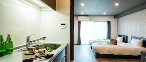 Fridge, microwave, cookware/dishes/utensils