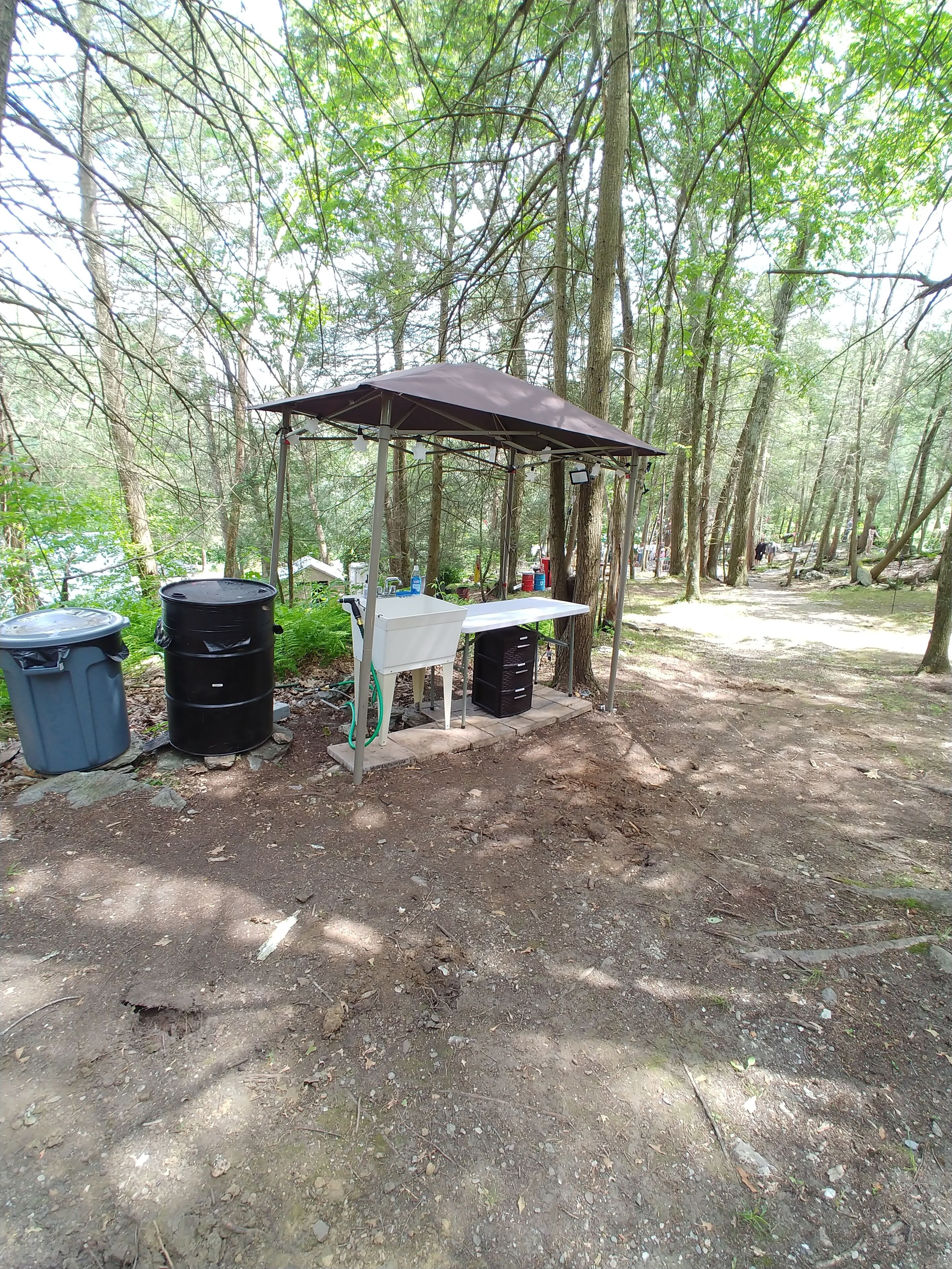 A covered picnic area with a table and benches, surrounded by trees. There are two trash bins and a green hose.