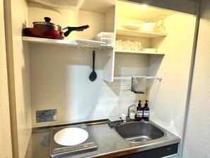 Kühlschrank, Mikrowelle, Herdplatte, Kochgeschirr/Geschirr/Besteck