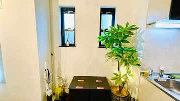 Fridge, microwave, cookware/dishes/utensils