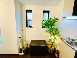 Fridge, microwave, cookware/dishes/utensils