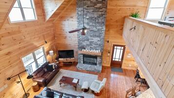 Smart TV, fireplace, books