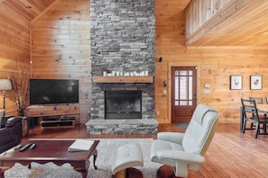 Smart TV, fireplace, books