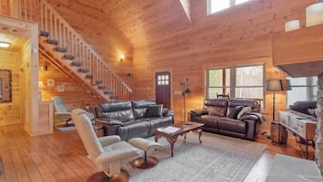 Smart TV, fireplace, books