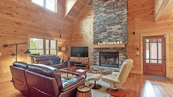 TV connectée, cheminée, livres