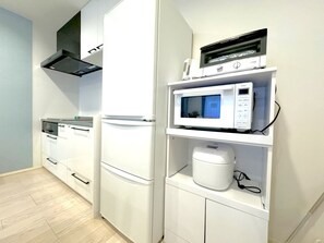 Kühlschrank, Mikrowelle, Herdplatte, Kochgeschirr/Geschirr/Besteck