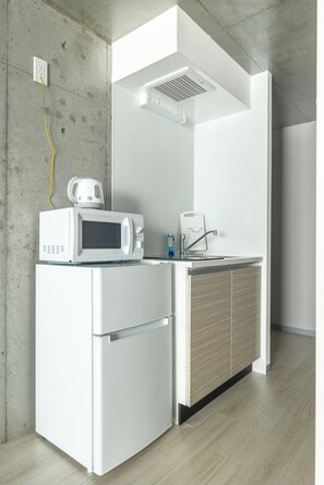 Kühlschrank, Mikrowelle, Wasserkocher, Kochgeschirr/Geschirr/Besteck