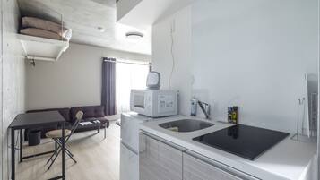 Fridge, microwave, electric kettle, cookware/dishes/utensils