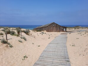 A wooden boardwalk leading to a rustic building with a thatched roof, surrounded by sand dunes and sparse vegetation. - Quiet House with Heated Pool (Lit-et-Mixe)