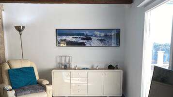 Smart TV, chimenea y libros
