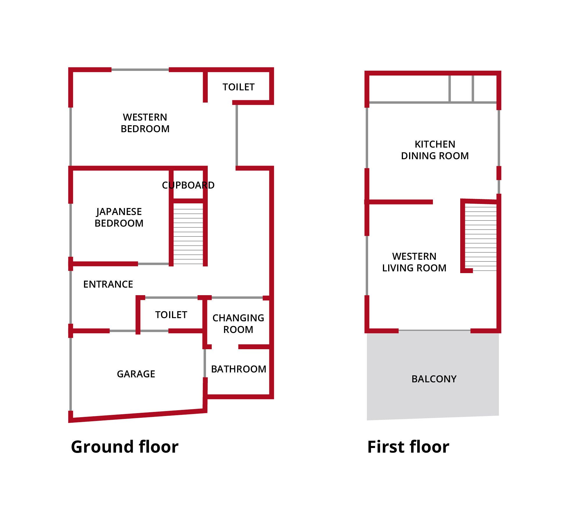 A ground floor layout with a western bedroom, Japanese bedroom, entrance, changing room, bathroom, and garage.