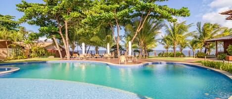 Outdoor pool, pool umbrellas, pool loungers