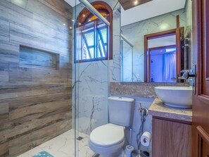 Shower, hair dryer, towels, toilet paper