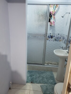 Shower, hair dryer, towels, toilet paper