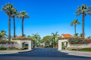 A hotel entrance with palm trees, a clear sky, and a road leading into the property.
