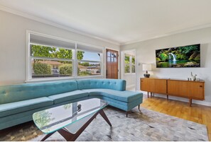 TV connectée, cheminée, livres, chaîne hi-fi