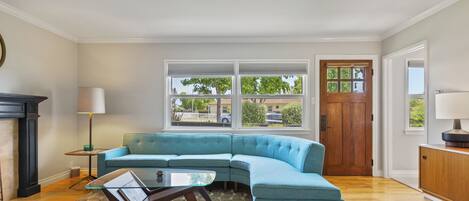 Smart TV, fireplace, books, stereo