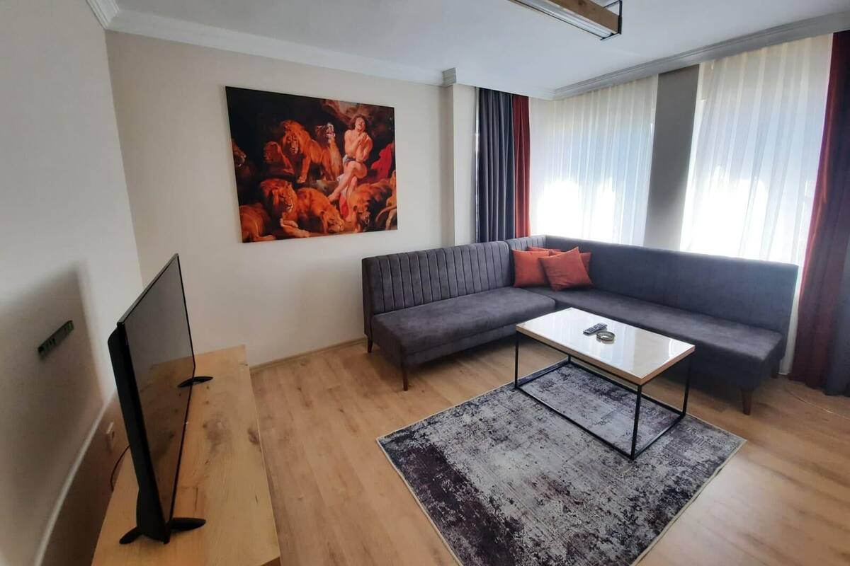 A modern living room with a grey sofa, a coffee table, and a flat-screen TV.