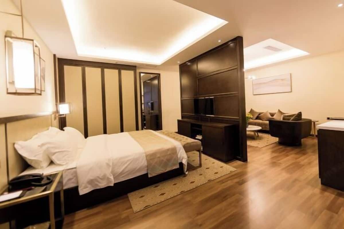 Una habitación de hotel moderna con cama, mesita de noche, televisor y zona de estar con sofá y sillón.