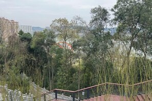 Una escalera con barandilla metálica que conduce a un edificio, rodeada de árboles y vegetación.