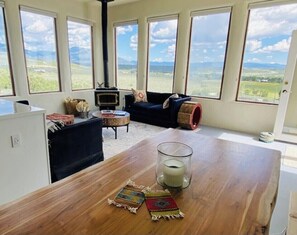 Fireplace, books, stereo, computer monitors