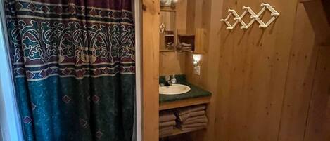 A wooden-paneled bathroom with a shower curtain, a sink, and a toilet.