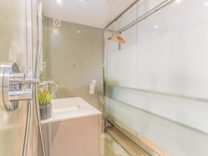 Shower, hair dryer, towels, toilet paper