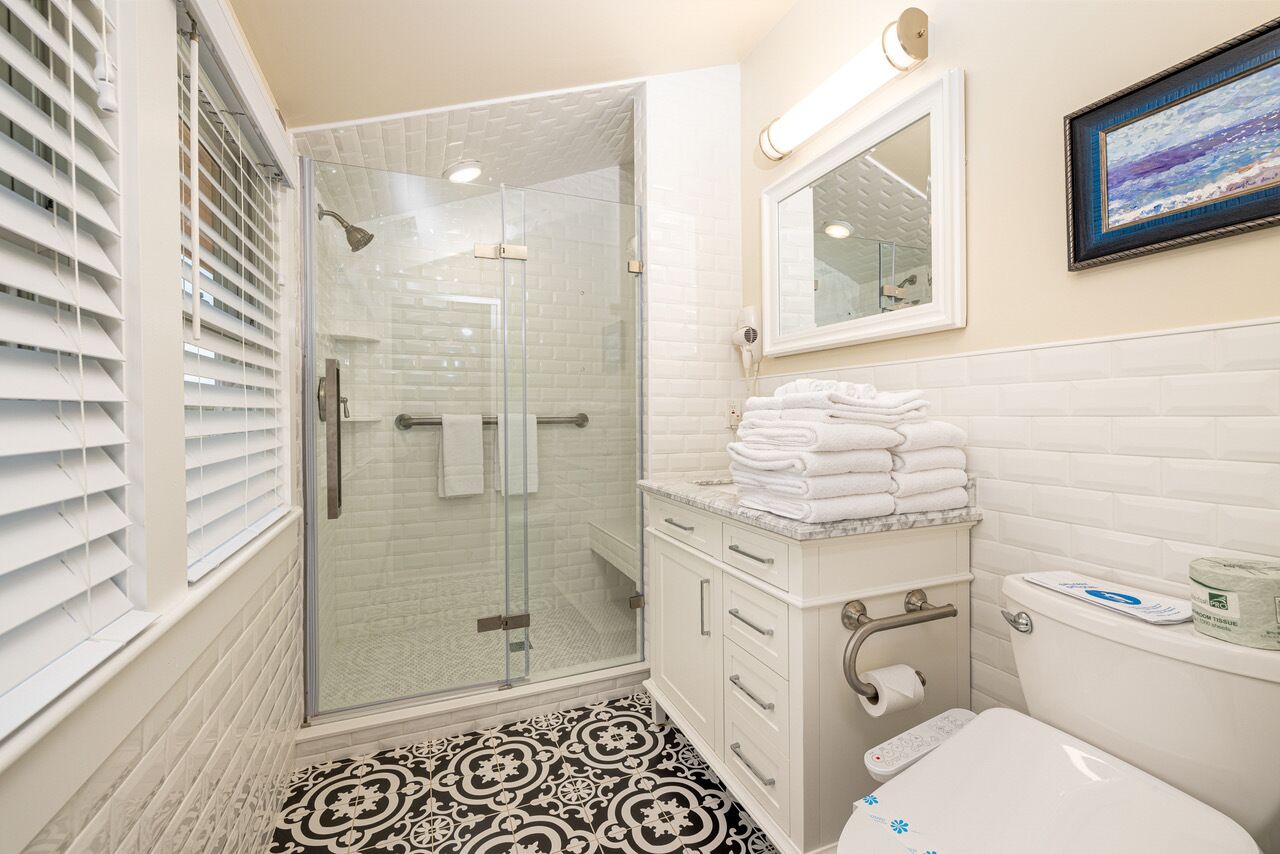 Shower, hair dryer, bidet, towels