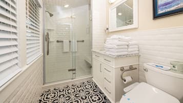 Shower, hair dryer, bidet, towels