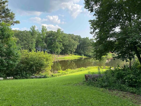 A serene lakeside view with lush greenery and a calm water body.