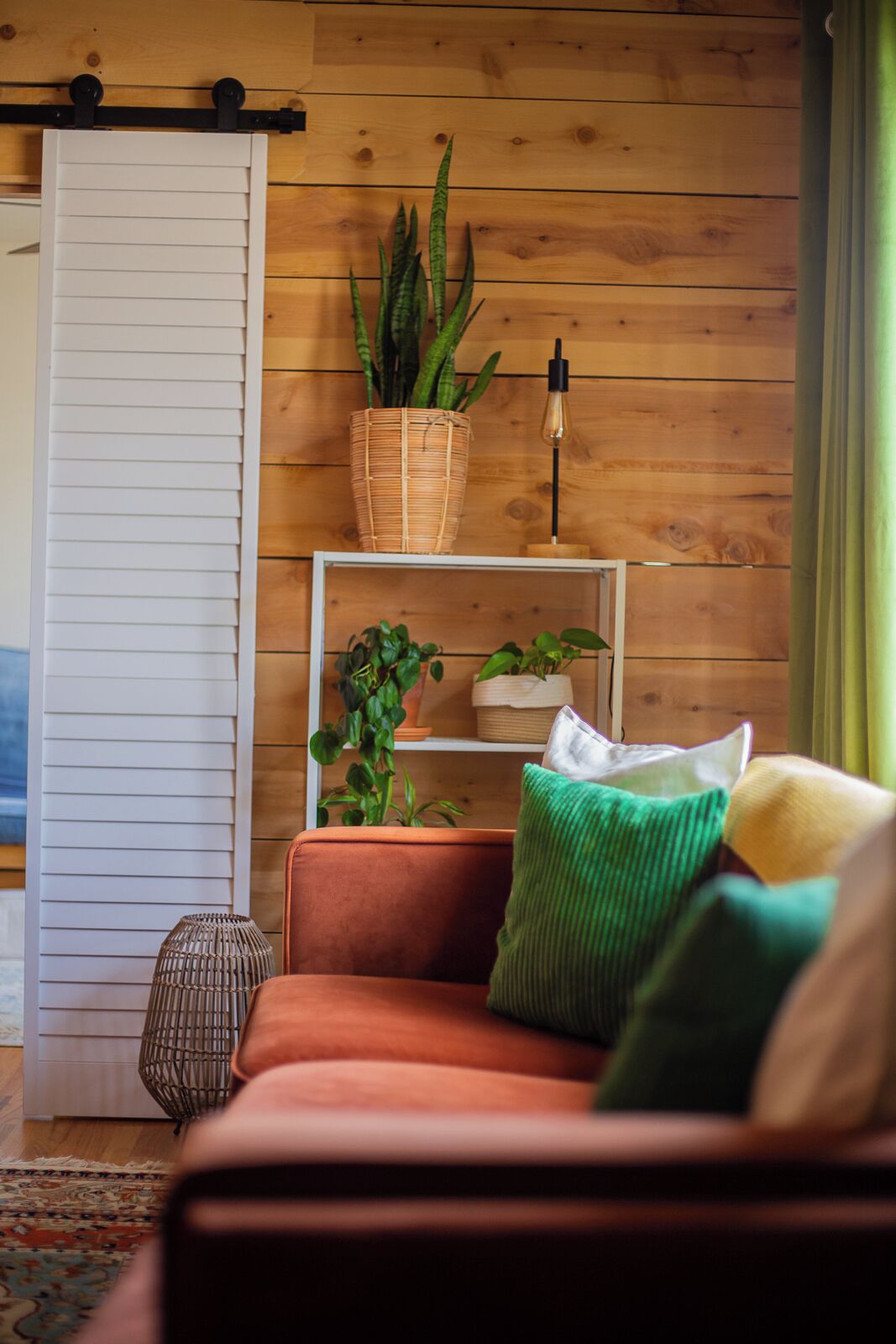 Una sala de estar acogedora con una pared de madera, una puerta corredera blanca, un sofá con cojines coloridos y una estantería con plantas.