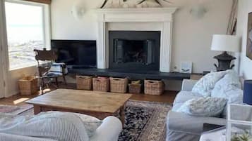 Smart TV, fireplace, books