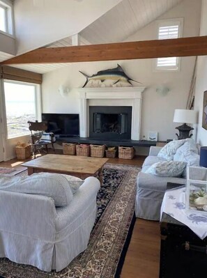 Smart TV, chimenea y libros 