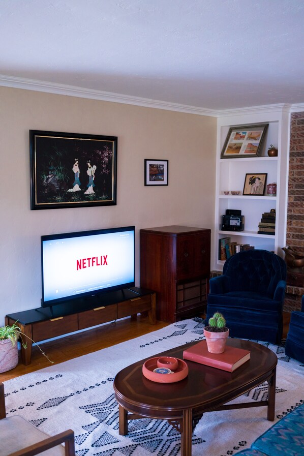 Un salon avec un téléviseur à écran plat affichant le logo « NETFLIX », une bibliothèque, un fauteuil bleu, une table basse avec un livre et une plante, et un tapis à motifs.
