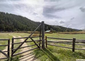A wooden gate in a rural setting with a dirt path leading through it. - Little Smoky Cabin Retreat (Fairfield)