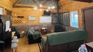 Een gezellig cabin interieur met een houten plafond, een stenen muur, een open haard en een groene bank.