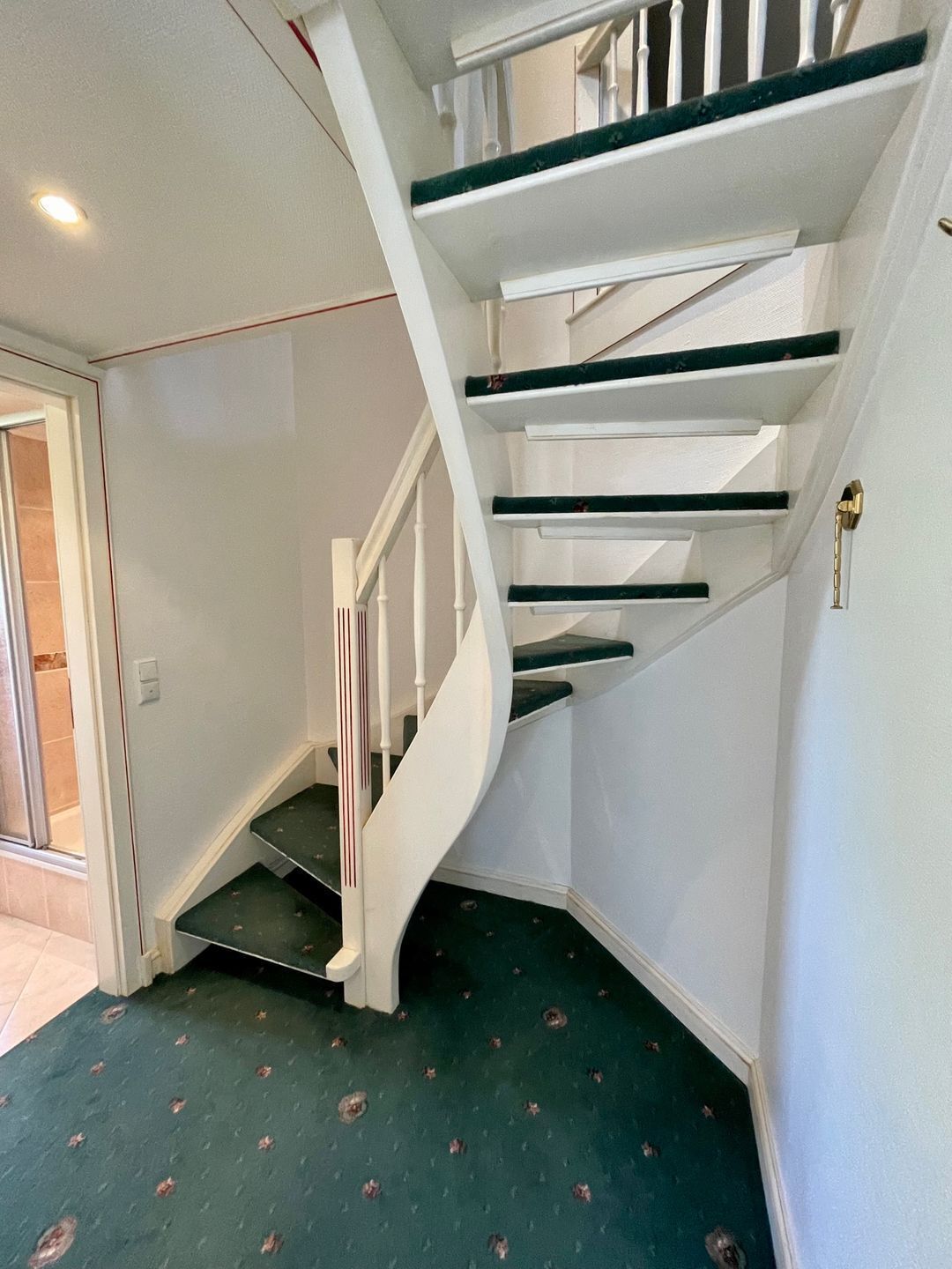 A spiral staircase with white railings and dark steps, leading to an upper floor.