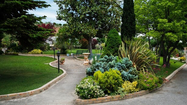Un parque con un sendero pavimentado, bancos y diversas plantas.