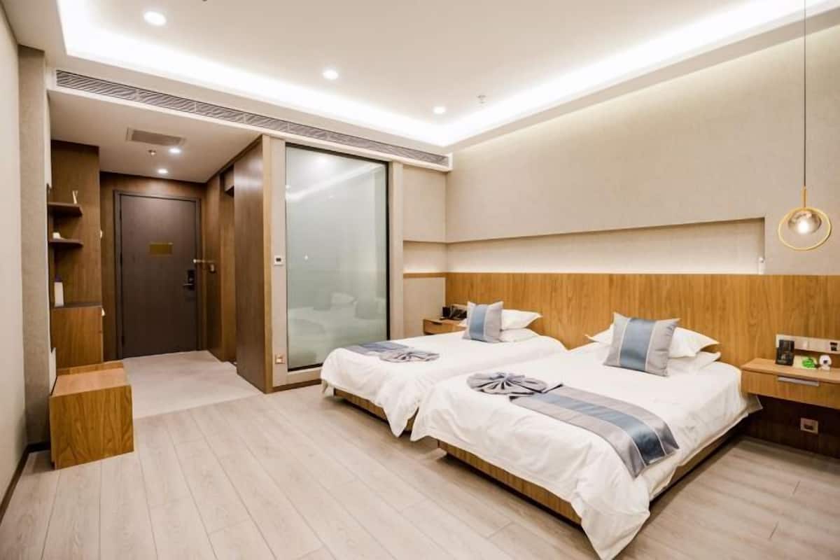 Habitación de hotel con dos camas, un armario con puerta corredera, una mesita de noche con lámpara y un espejo grande.