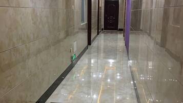 A hallway with a polished floor and a patterned rug.