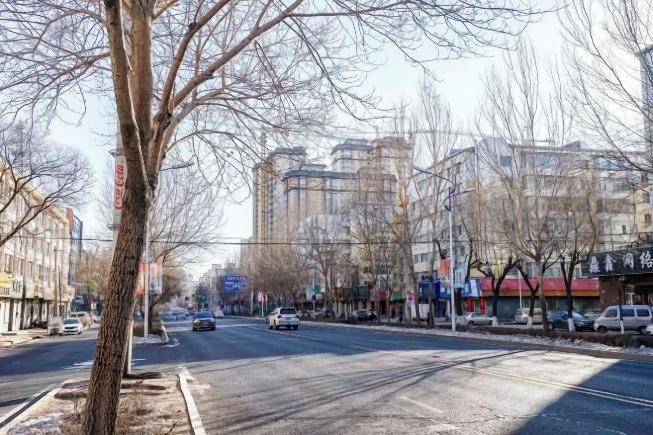 A city street with buildings, trees, and parked cars.