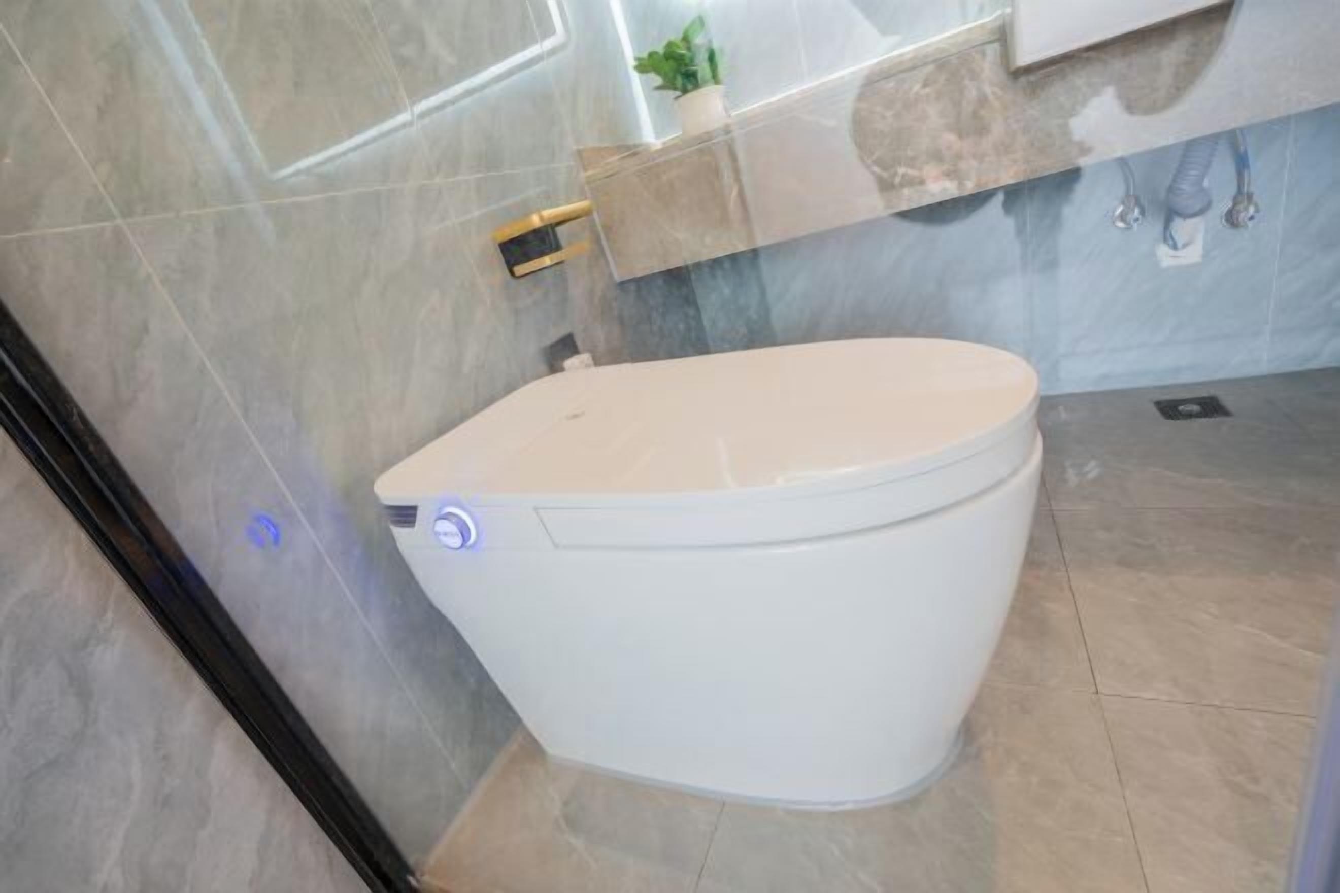 A modern bathroom with a white toilet, a marble-tiled wall, and a small potted plant on the vanity.