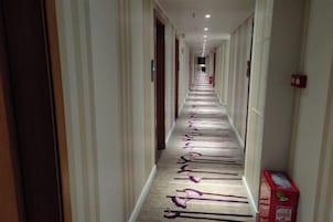 Un pasillo de hotel con puertas a ambos lados, piso cubierto de alfombra y un extintor en la pared derecha.