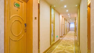 A hotel hallway with a carpeted floor, wooden doors, and a number sign above one door.