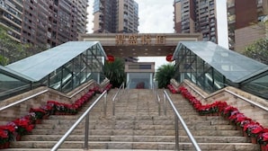 A staircase leading to a building entrance with a sign above. - Free Space Youth Hostel (Zhanjiang)