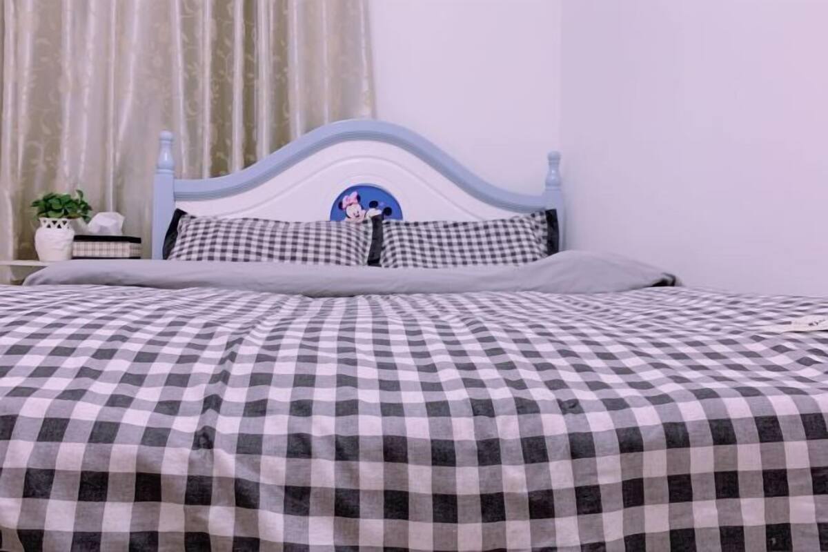A bed with a checkered bedspread, a headboard with a cartoon character, and a bedside table with a plant and a lamp.